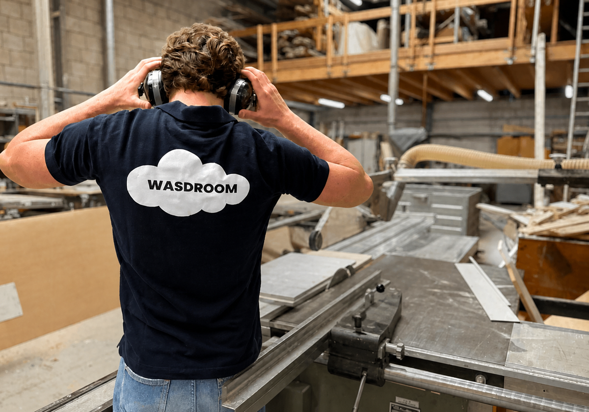 Wasdroom-vakman in een T-shirt met het Wasdroom-wolklogo bouwt een waskast in de werkplaats