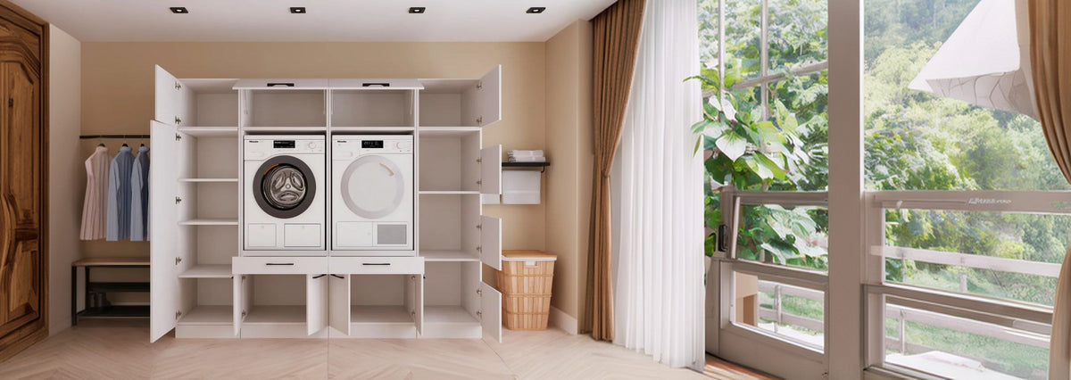 Wasdroom laundry cabinet with washer and dryer in a bright laundry room