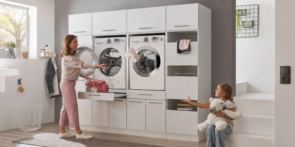 Wasdroom cabinet in a styled laundry room